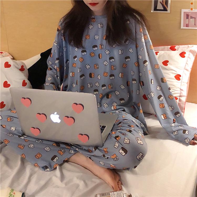 Women's Long-Sleeve Cartoon Pajama Set - Cute Korean Style Homewear for Autumn, Winter, Spring - Plus Size Available