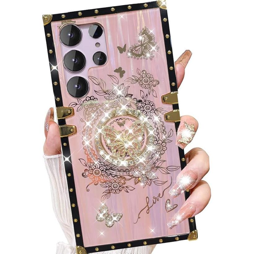 for Samsung Galaxy S25 Ultra Glitter Kickstand Case, Cute Luxury 3D Bling Sparkly Floral Diamond Butterfly with Ring Stand Elegant Shockproof Women