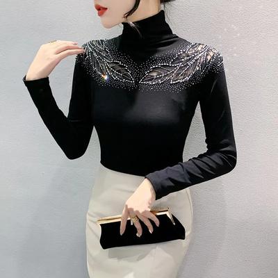 High Collar Long-sleeved T-shirt Women's Sexy Hollow Hot Tees Diamond Top Bottoming Shirt for Women Autumn Winter
