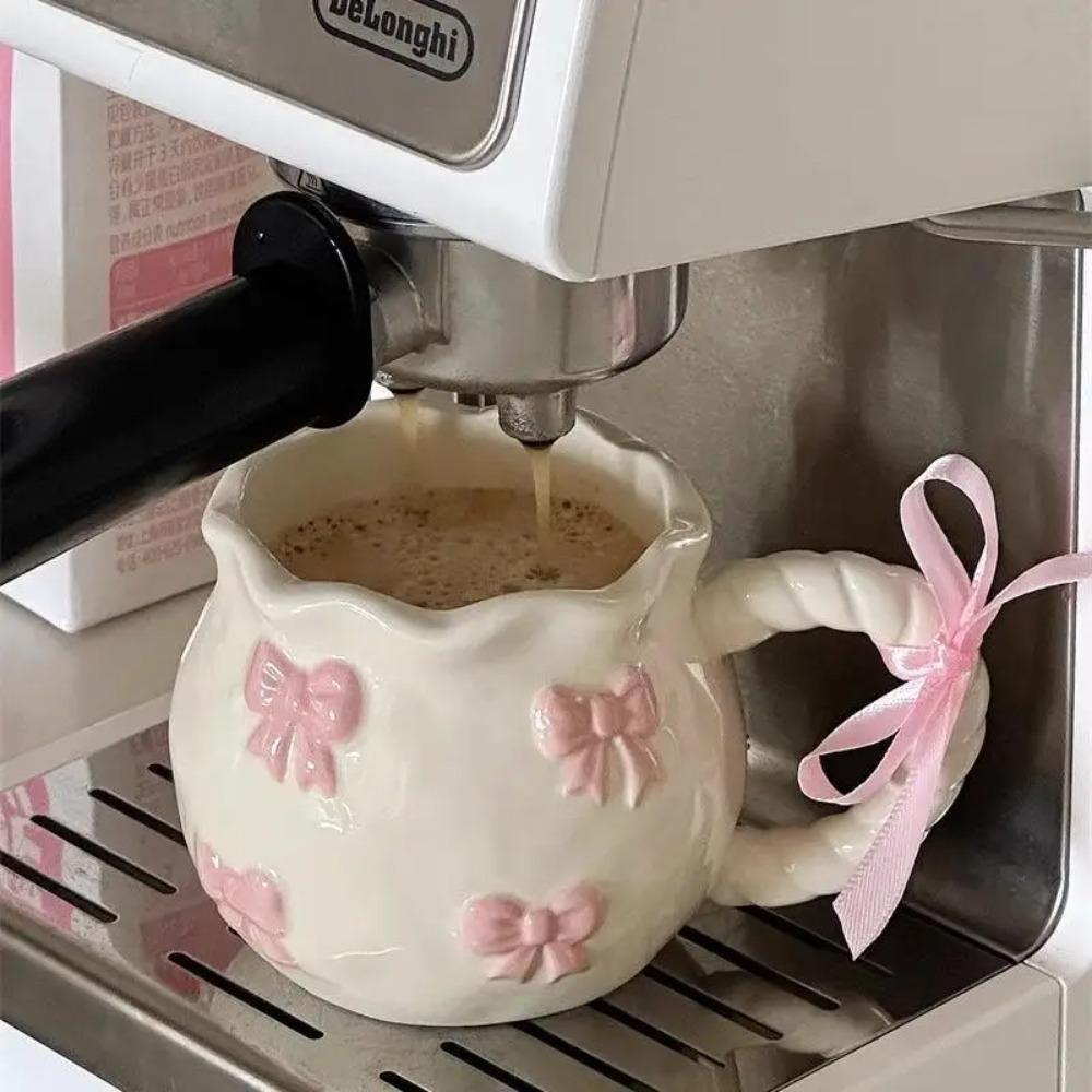 Cute Pink Relief Bow Ceramics Mug Cups Coffee Milk Drinks Ceramics Handle Cup with Box Girls Gift