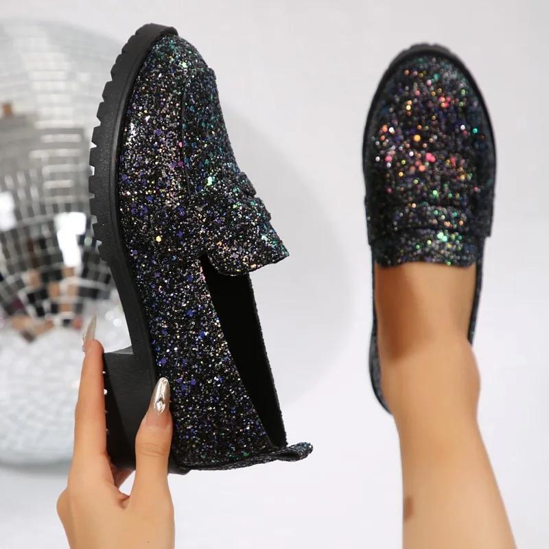 Women's Thick Heel Shoes Autumn New Round Head Deep Mouth Sequin Cloth Thick Sole Anti-slip Wear-resistant Low-top Shoes