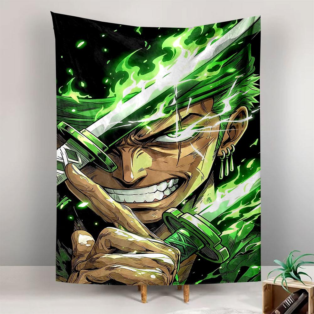 Roronoa Zoro One Piece Green Flame Katana Anime Wall Tapestry Manga Decor for Bedroom Game Room Gift for Fans