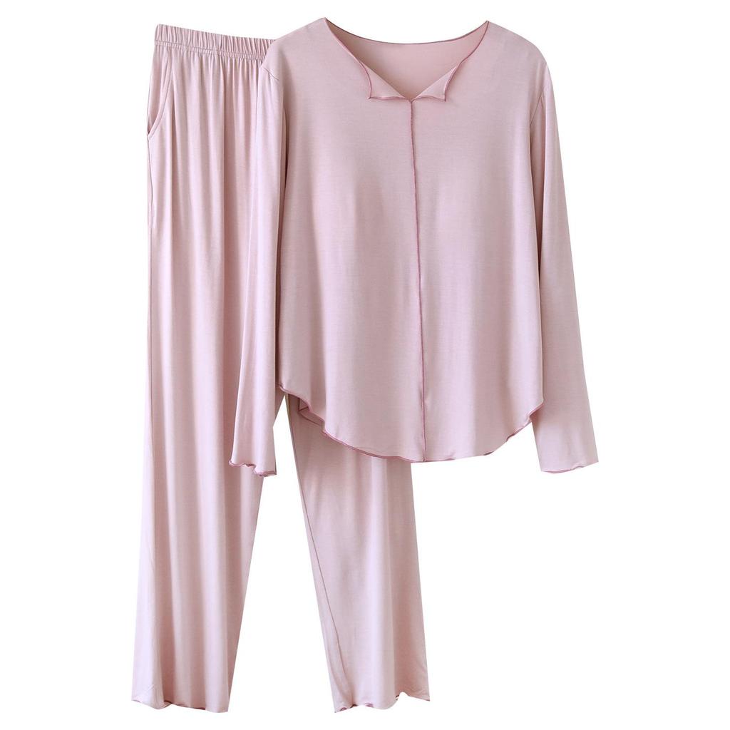 Women's Spring/Autumn Modal Pajama Set: Padded Cup, Long Sleeve, Long Pants, Side Pocket, Loose Fit - Wear Indoors or Out.