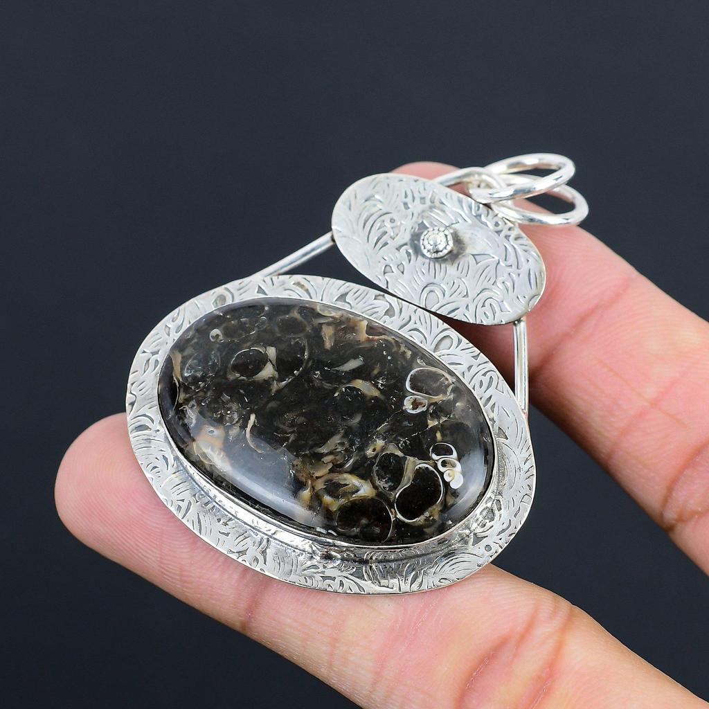 Sterling Silver Oval Turritella Agate Gemstone Daughter Birthday Pendant Jewelry