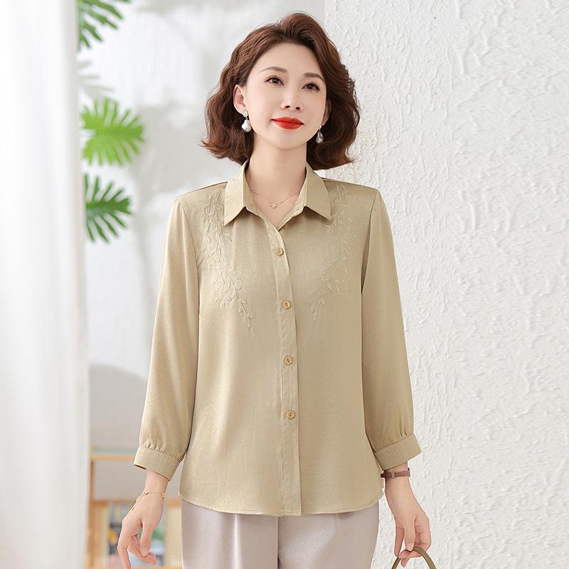 Elegant Embroidered Shirt for Middle-aged and Elderly Women - Spring & Autumn Top 2XL (105-120 lbs)