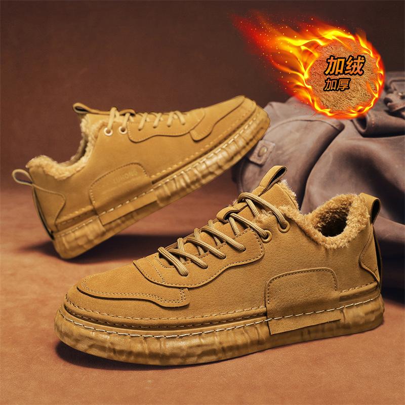 Fashion Casual Platform Shoes for Men Winter Plus Velvet Cotton Shoes Men's Boots Men Fashionable Board Shoes Male Leather Cotton Boots