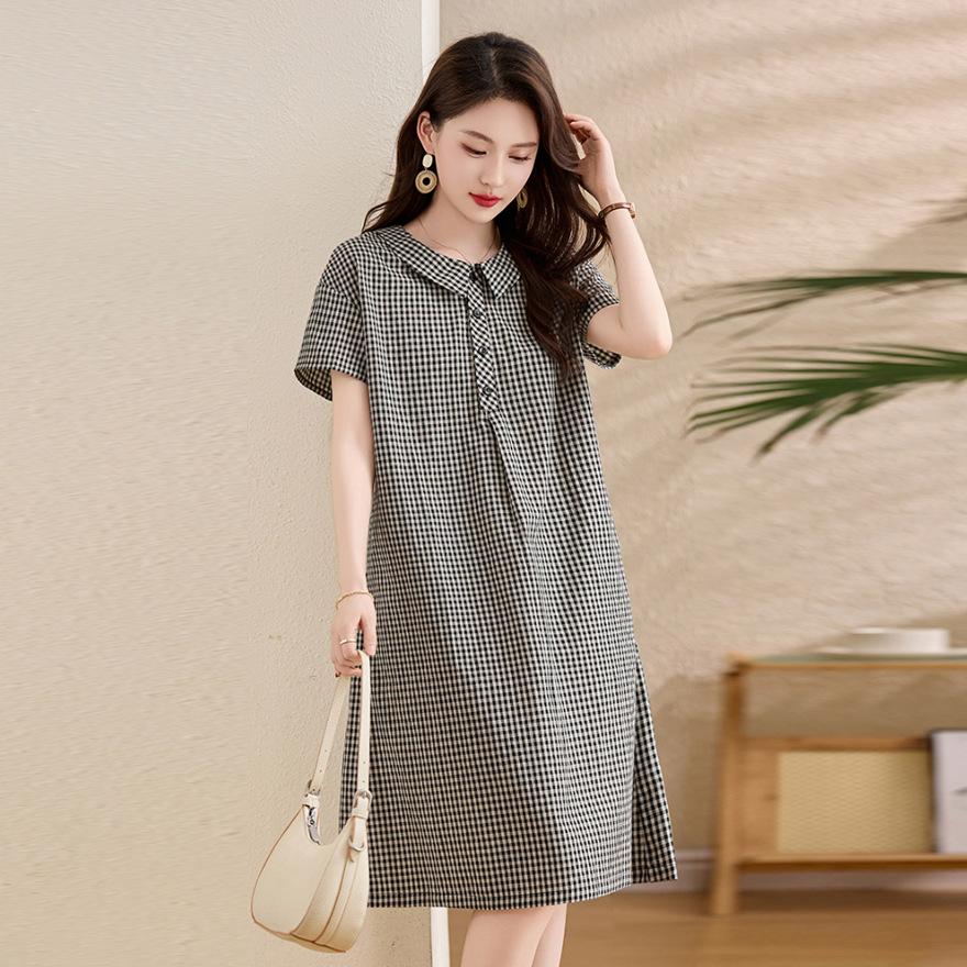 

Женское летнее платье из хлопка в черно-белую клетку, новое, свободное и тонкое, с кукольным воротником, повседневная рубашка-юбка 2XL