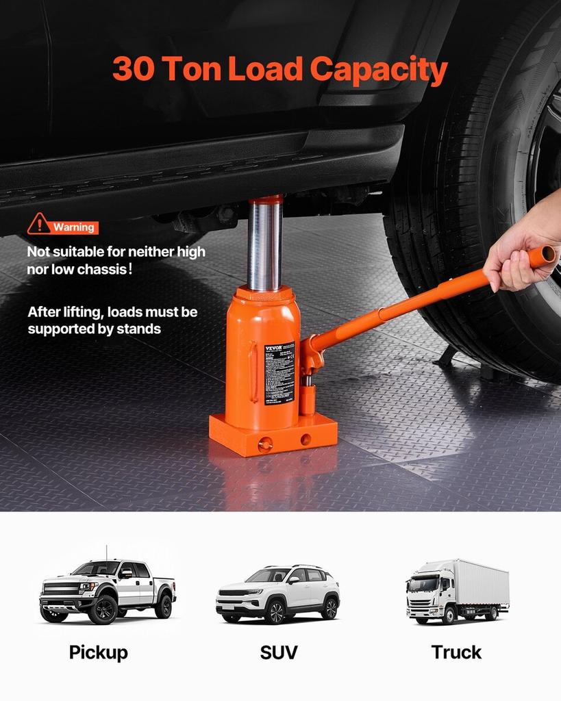 Hydraulic Bottle Jack 30 Ton Manual High Lift Automotive Car Repair Shop