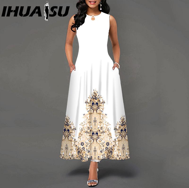 IHUASU 48 Farben Neues Damen Lockeres Vintage Blumenmuster Rüschenkleid Befree Kleid Großes Sommerparty Tanktops Elegante Maxikleider