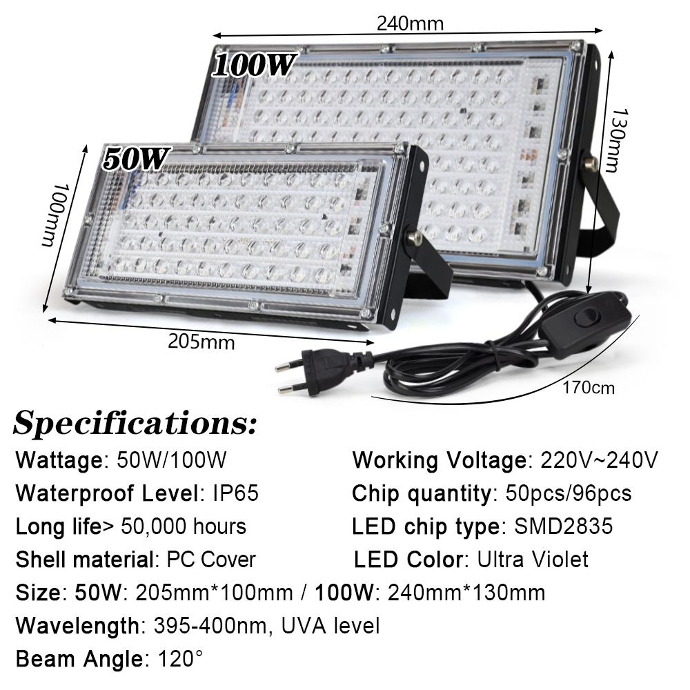 50W 100W 150W UV FloodLight 395nm 400nm Waterproof AC220V Ultraviolet Fluorescent Stage Lamp Disco Party LED Stage Blacklight