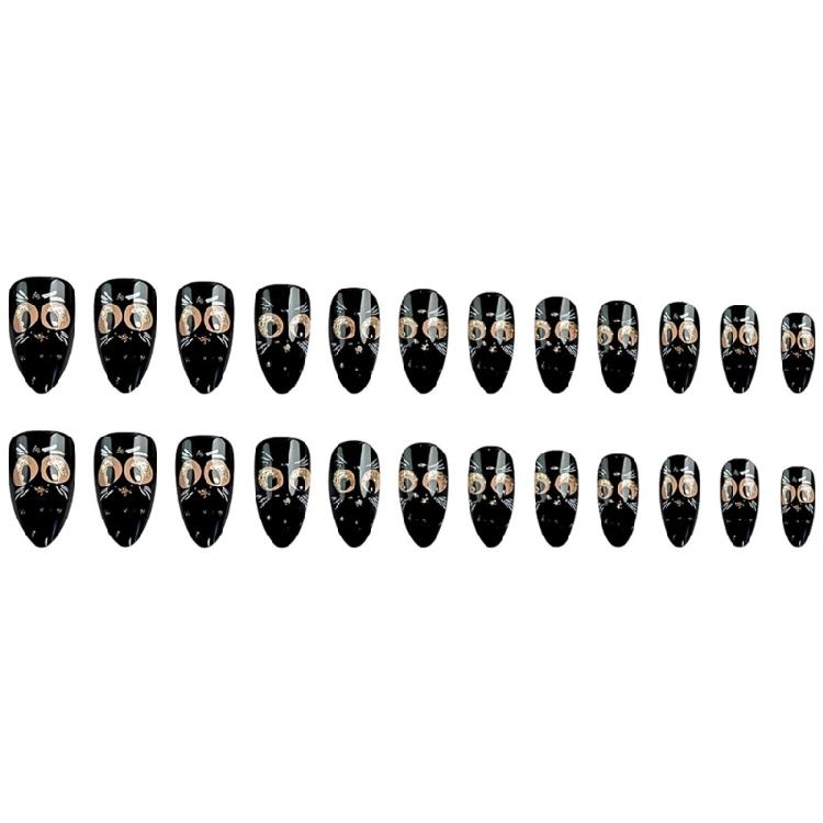24 Stück Glänzende Press-On-Nägel Mandelform Falsche Nägel mit Schwarz-Katzen-Designs Stilvolle Klebenägel Geschenk für Frauen Maniküre