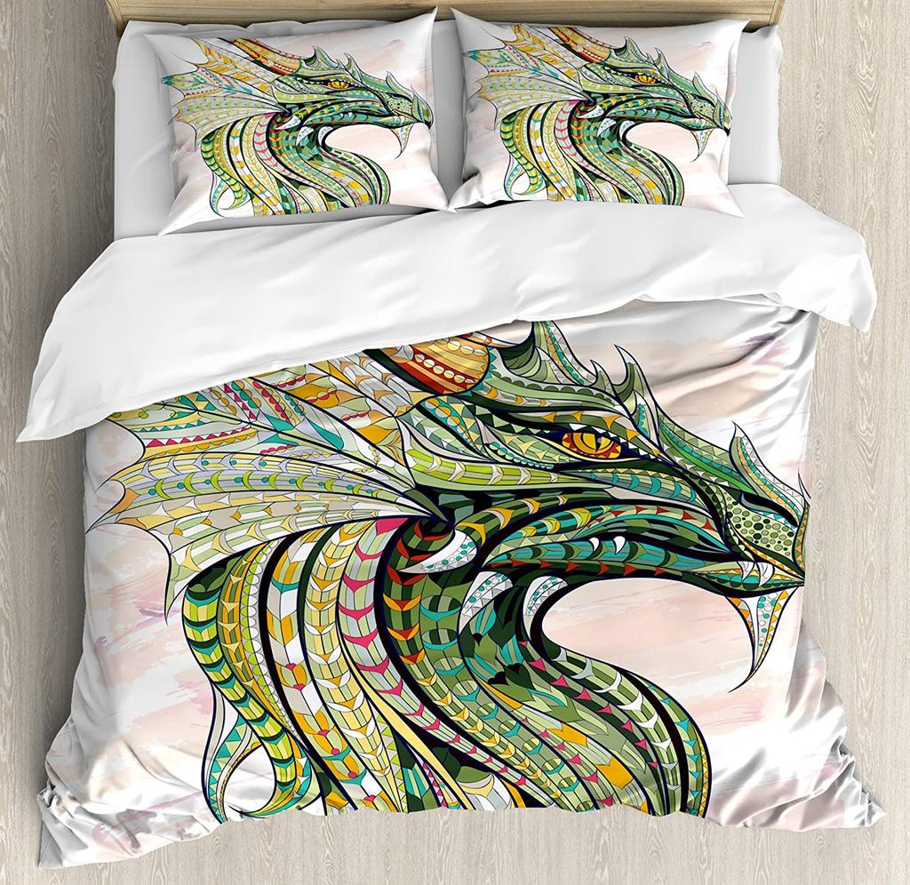 Japanese Dragon Bedding Set For Bedroom Bed Home Tribal Tattoo Style Asian Indigenous Cre Duvet Cover Quilt Cover And Pillowcase