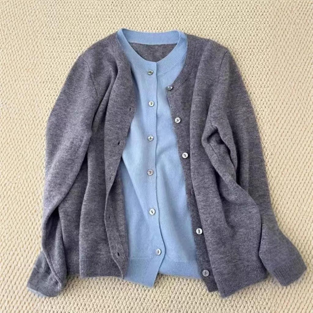 Korean Style 100% Wool Color Block Women's Layered Knit Cardigan – High-End Lazy Style Round Neck Sweater.