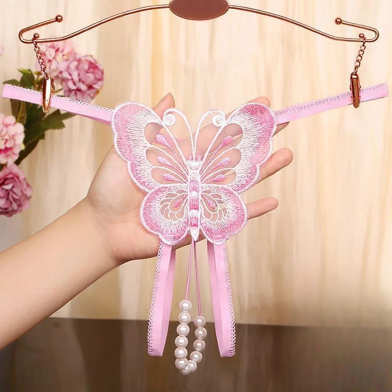 Women Sexy String Butterfly Embroidery Briefs Ultra-Thin Lace Underwear See-Through Low Rise T-Back Open Crotch Underpants