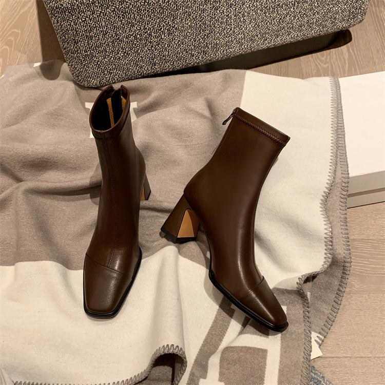 French retro thin boots women's Martin boots autumn and winter temperament foreign style square head high heels short boots thick heel elastic single