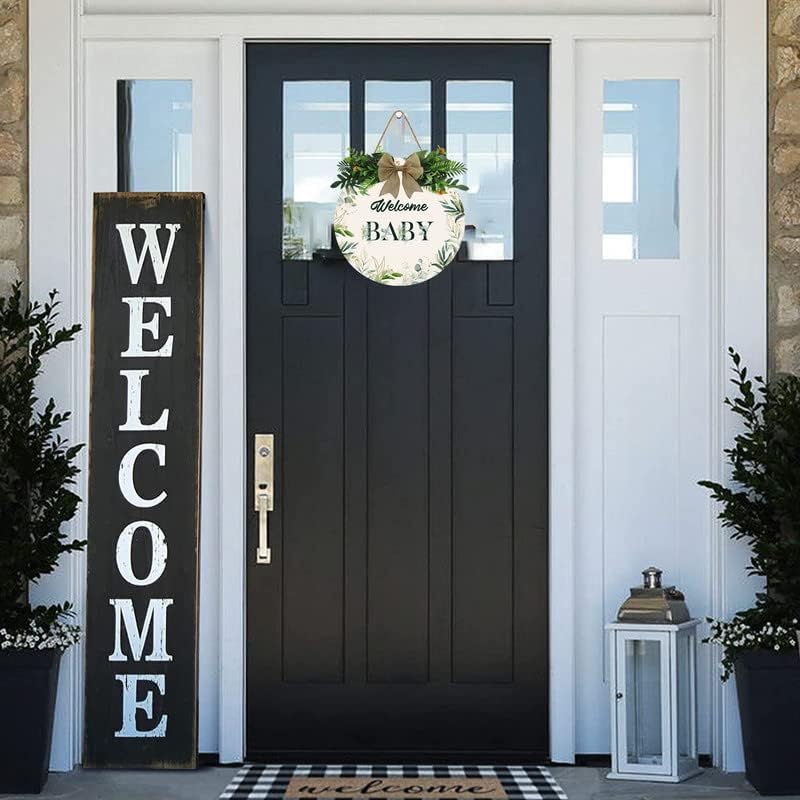 Aowotu Welcome Baby Sign Front Door Round Rustic Wood Sign Hanging Farmhouse Porch Outdoor Home Christmas Baby Shower Farmhouse Porch Wall Doors