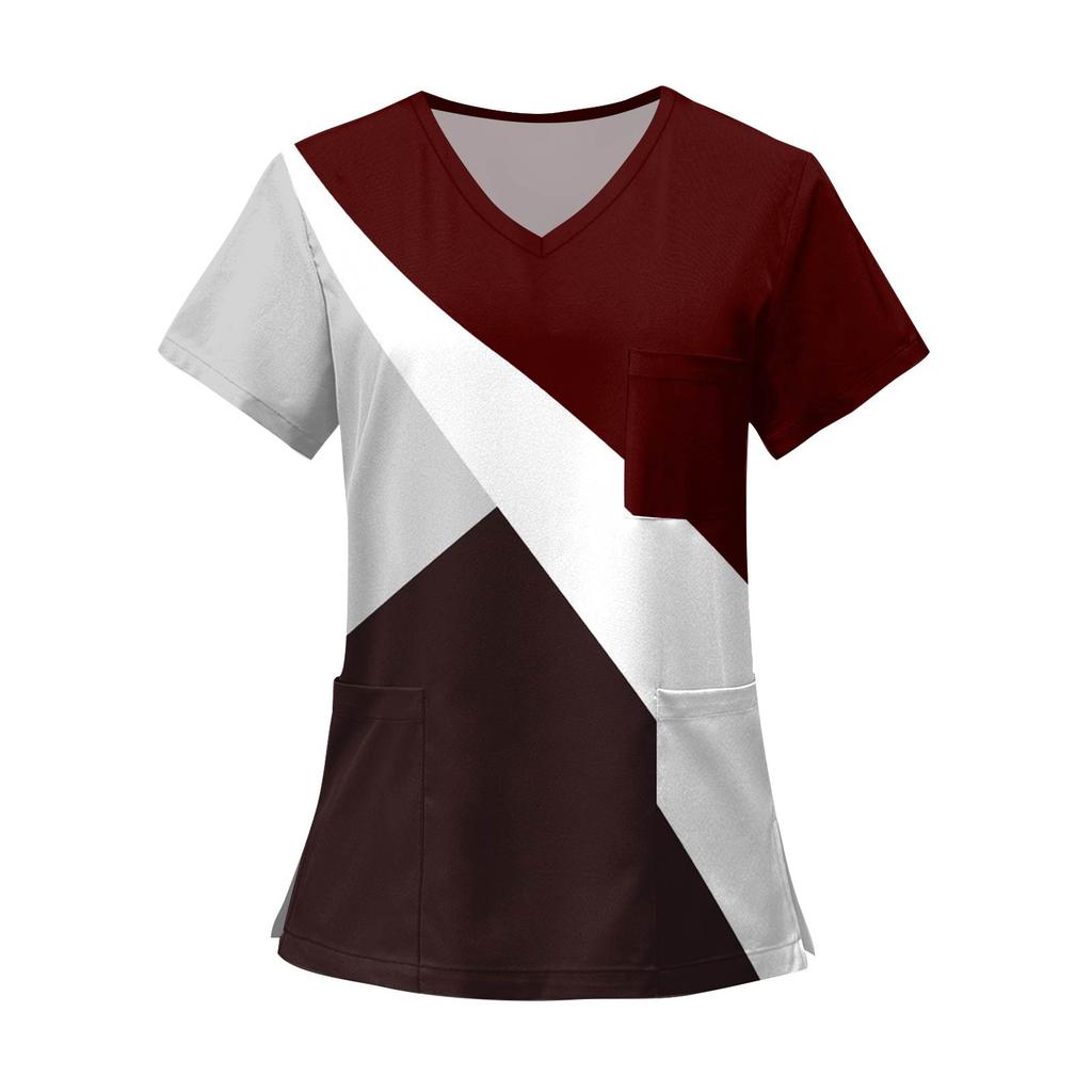 Women's Fashion Printed Short Sleeve V Neck Pattern Tops Pocket Working T-shirts