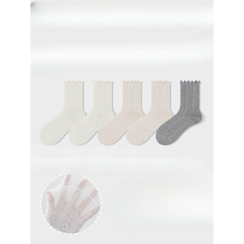5 Pairs of Women's Summer Thin Style All Kinds of Mesh Hollow Wooden Ear Side Tube Stack Socks