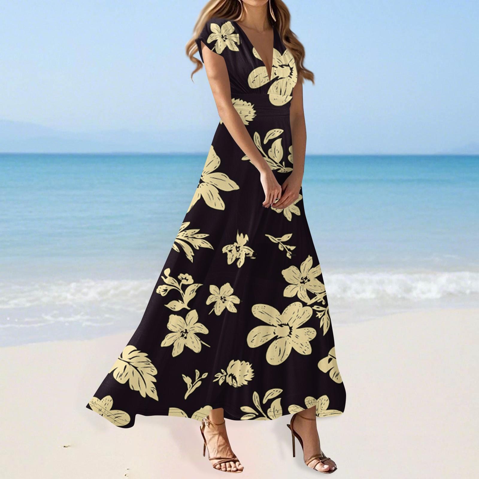 

Women s Summer Casual Fashion Flower Printed Dresses V-Neck Short Sleeve Dresses M чёрный