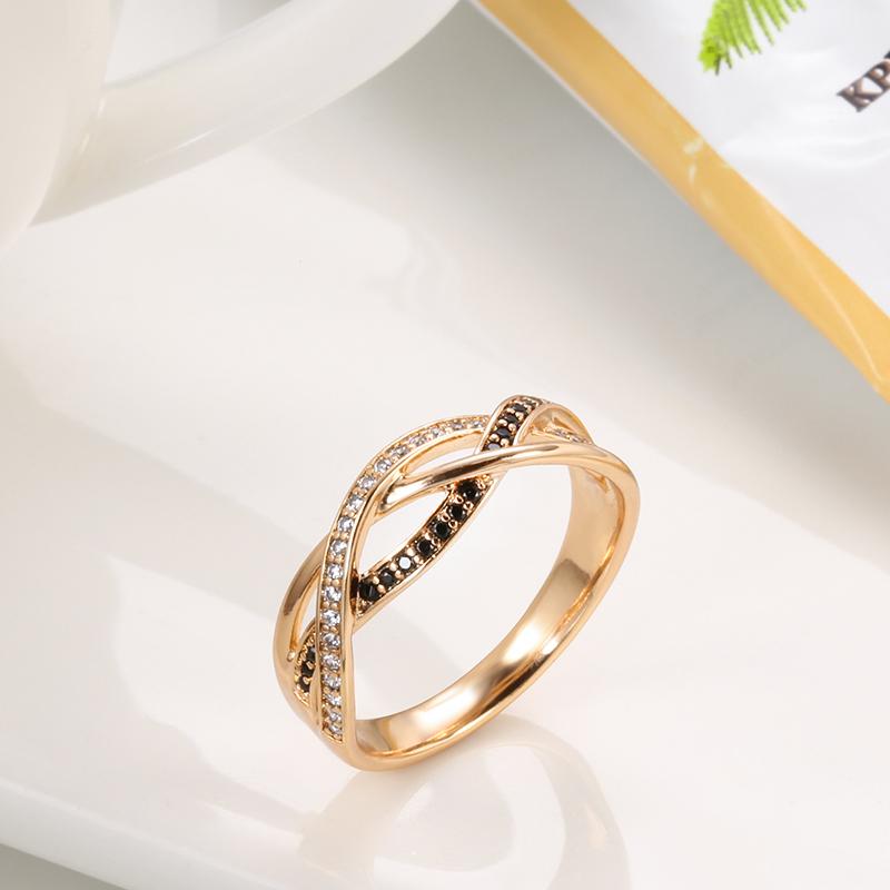 Kinel Luxury 585 Rose Gold Natural Black Zircon Ring Geometric Line Cross Wedding Rings for Women Vintage Fashion Jewelry
