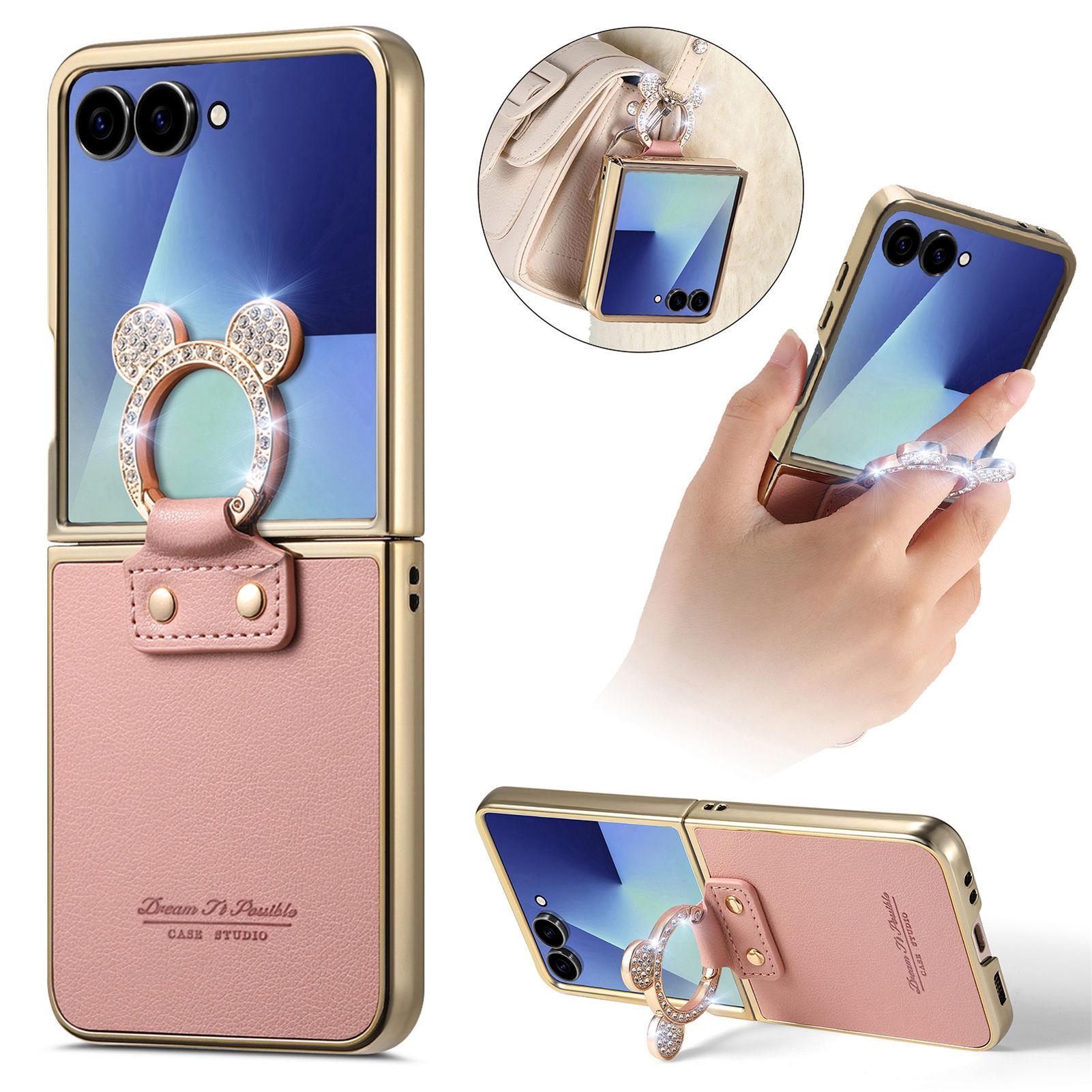 

Business Luxury Ring Holder Plating Leather Case For Samsung Z Flip 7 6 5 4 Shockproof Cute diamond Decoration Anti Drop Cover Galaxy Z Flip6 рожевий