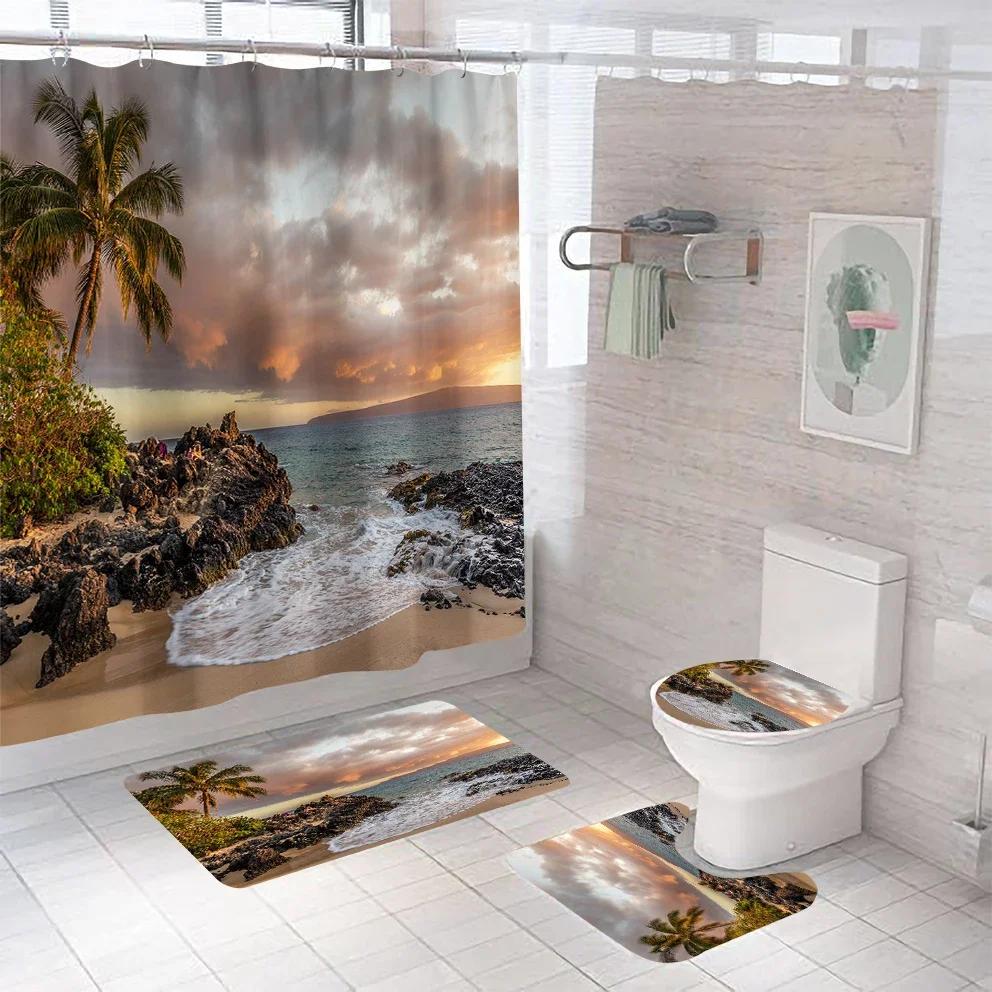 3D Seascape Beach Theme Shower Curtain Sets Toilet Cover Bath Mat Carpet Rugs Bathroom Drapes Shower Curtain Set With Hooks
