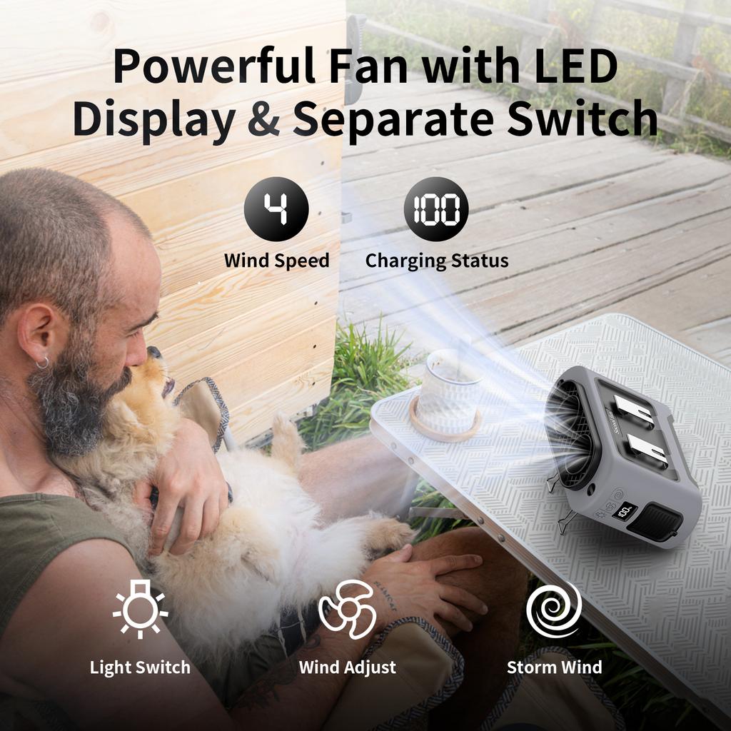 Socool 14500mAh Přenosný pasový ventilátor Dvojitý výstup vzduchu Turbo motory se čtyřmi klipy Nouzové světlo Power Banka pro venkovní použití