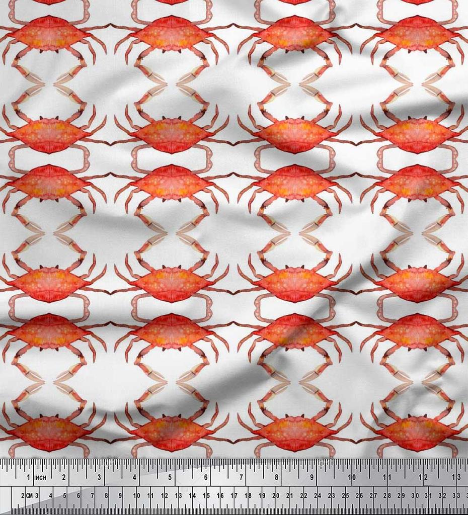 Soimoi Beige Japan Crepe Satin Fabric Crabs Ocean Print Fabric by the metre 42 Inch