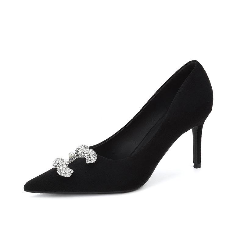 New rhinestone pointed low heel single shoes light mouth metal buckle middle heel soft sole comfortable women's shoes ladyshoes 2025 spring