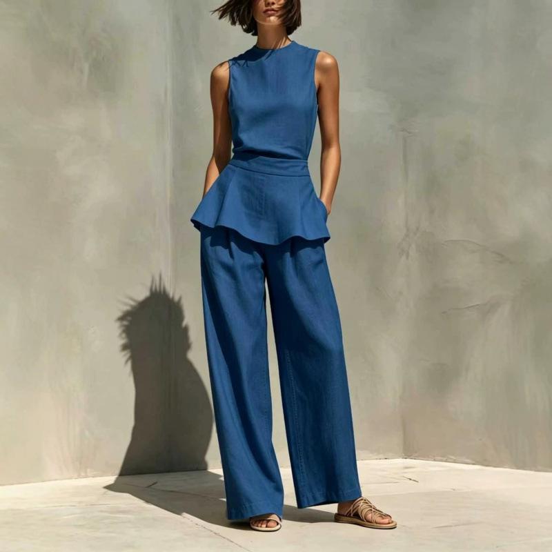 European and American new women's sleeveless vest vest ruffle edge wide-leg pants cotton and linen two-piece women's clothing