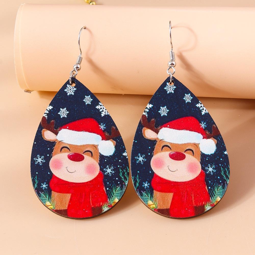 European-American Teardrop Christmas Earrings: Wooden Cartoon Snowman & Reindeer Design