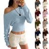 Damen schulterfreier Pullover mit langen Ärmeln, Strick, Farbe, figurbetont