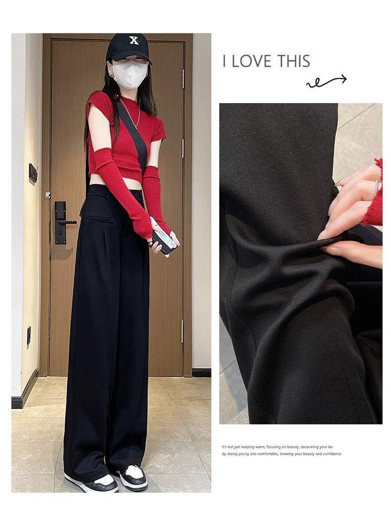 Petite High Waist Wide Leg Pants for Women - Spring/Autumn 145-150cm, Slimming Black Straight Leg