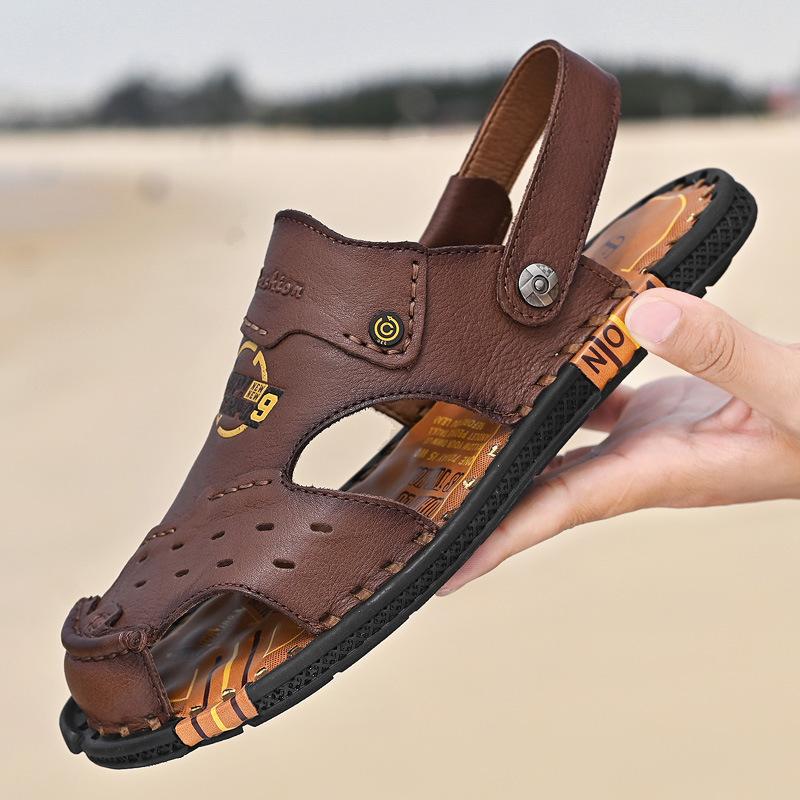 

Sandals men s tide 2021 summer new men s bag head beach shoes first layer cowhide business dual-purpose dad cool slippers 44 темно-коричневого