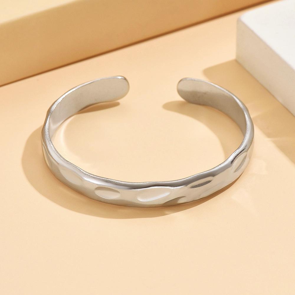 European  American Boyfriend Style Irregular Hammered Stainless Steel Women s Open Bangle Bracelet