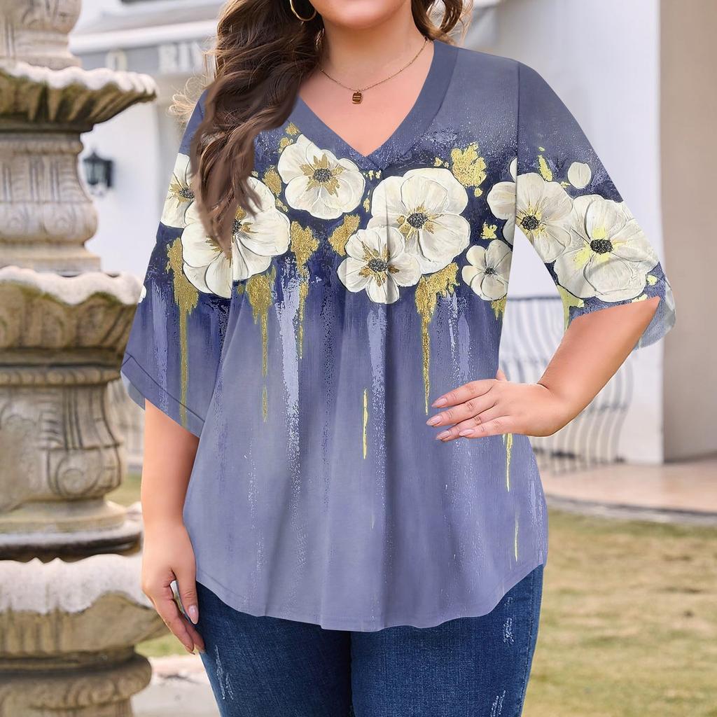 Женская модная блузка большого размера с принтом, V-образным вырезом и рукавом три четверти