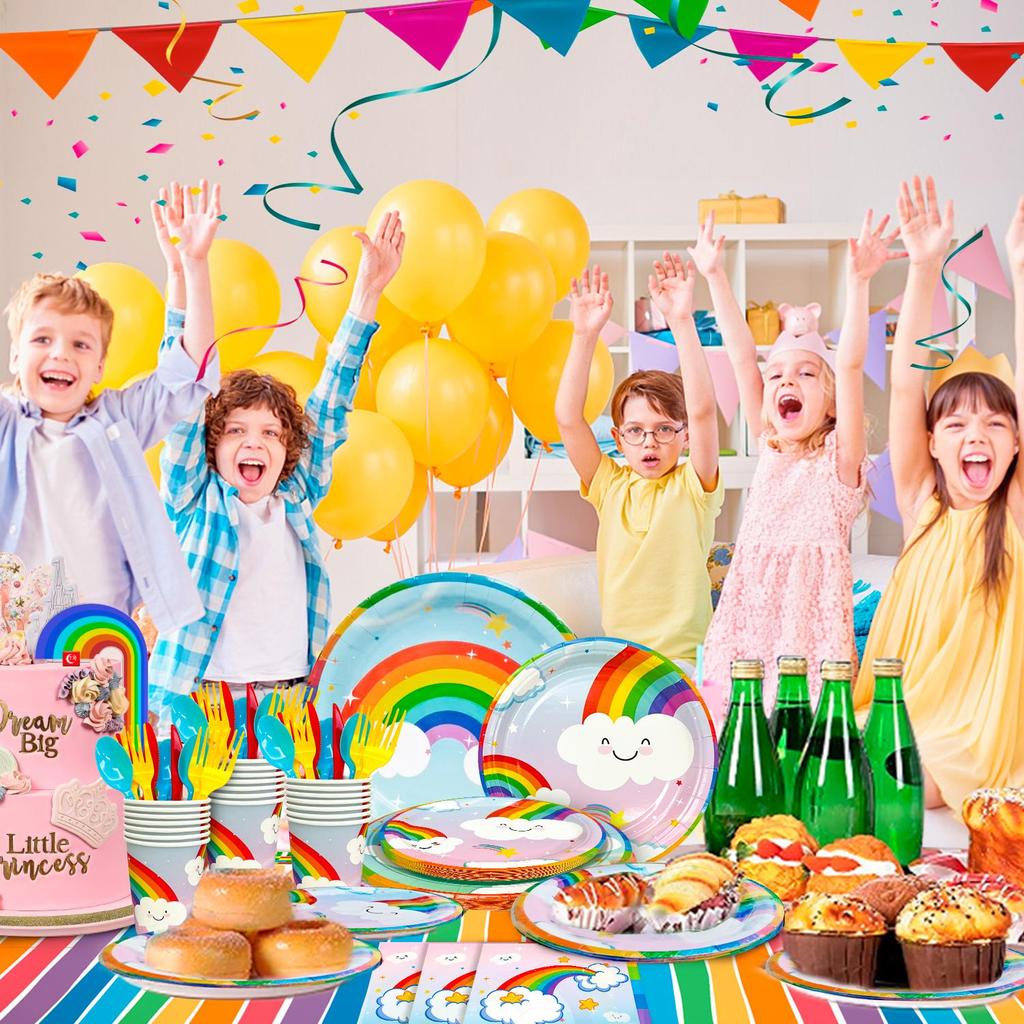 141pcs Rainbow Party Supplies,Rainbow Party Tableware Set - Rainbow Plates Cups Napkins Table Cloths for Baby Shower, Rainbow Birthday Party Supplies