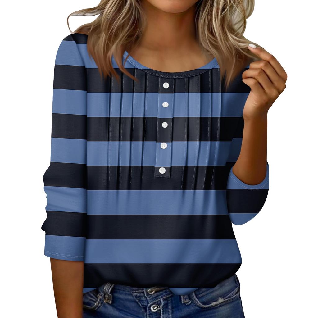 Women's Round Neck Pull Stripe Decorative Button Top Casual Solid Color 3/4 Sleeve T Shirt