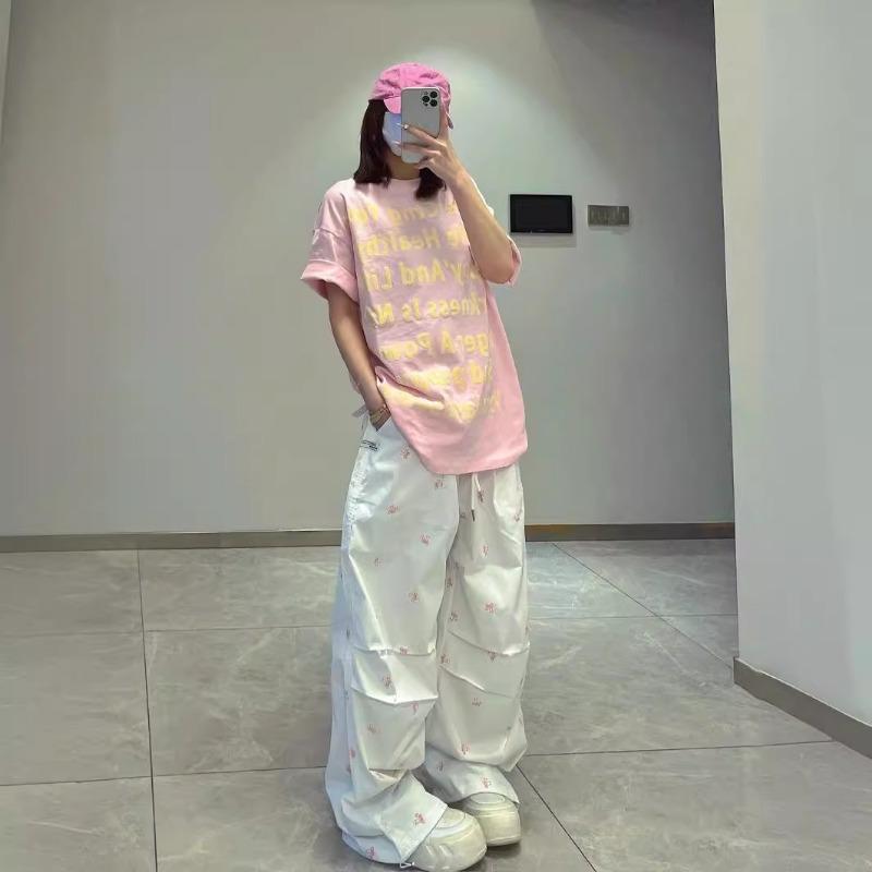 Retro Bow Printed Plus Size Cargo Pants for Women Fashion Trendy Drawstring Pleated Wide Leg Pants Women Workwear Casual Lady Trouser 24204