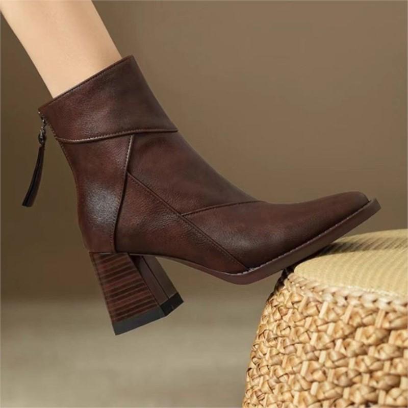 Retro Brown Soft Leather Thick-heeled Ankle Boots Women, New High-heeled Boots British-style Small Square Toe Slim Boots C1226