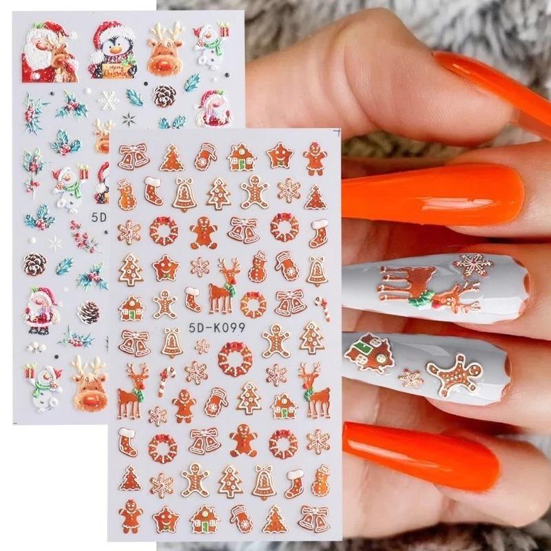 Winter 5D Embossed Nail Art Sticker Snowflake Elk Christmas Tree Cartoon Adhesive Slider Accessories Decal
