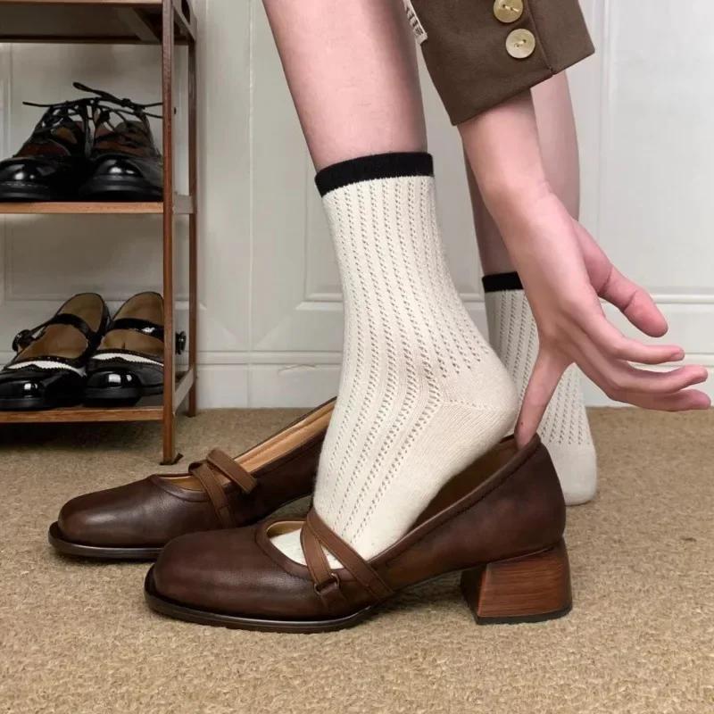 French Evening Style Loafers Versatile Women's Shoes Brown Thick Heel High Heel Shoes Small Leather Summer Season