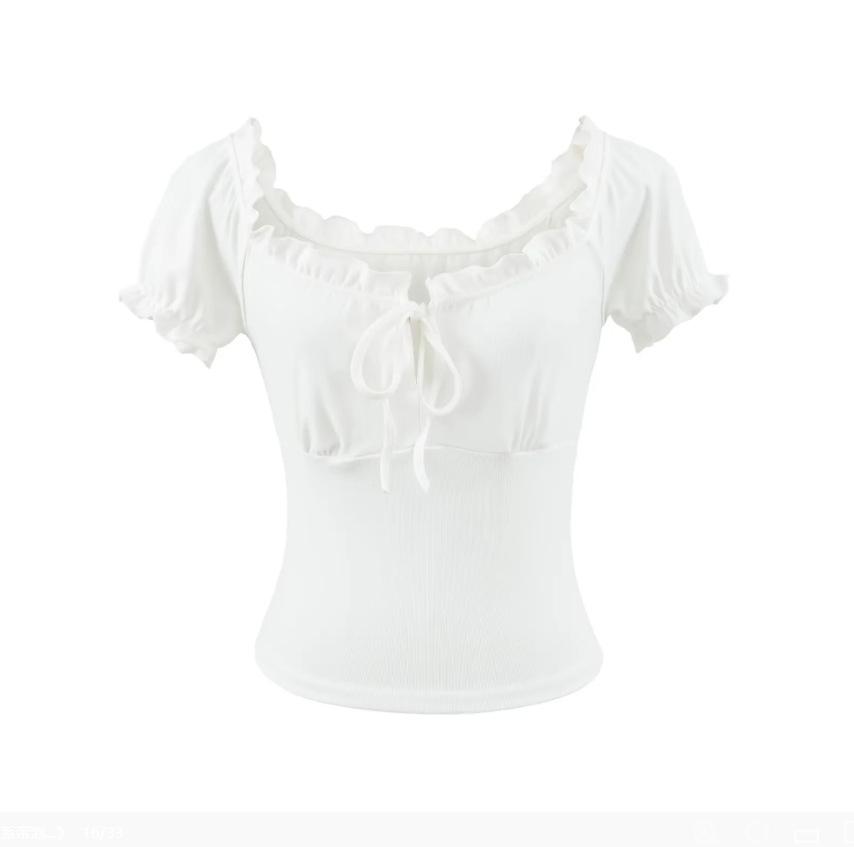 Bubble short-sleeved T-shirt women's summer new Spice Girl style solid color hollow lace-up square neck slim-fitting top