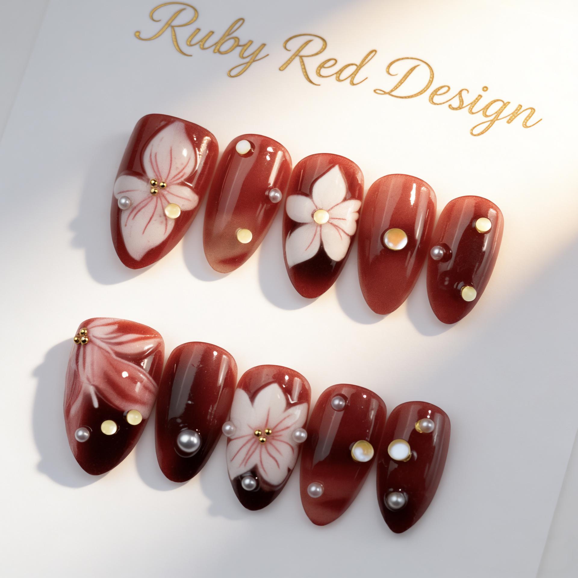 

30-Pack Almond Short Wearable Nails with 3D Floral, Pearl, and Rhinestone Accents Finished Strip (Three Sets with Full Rhinestones)