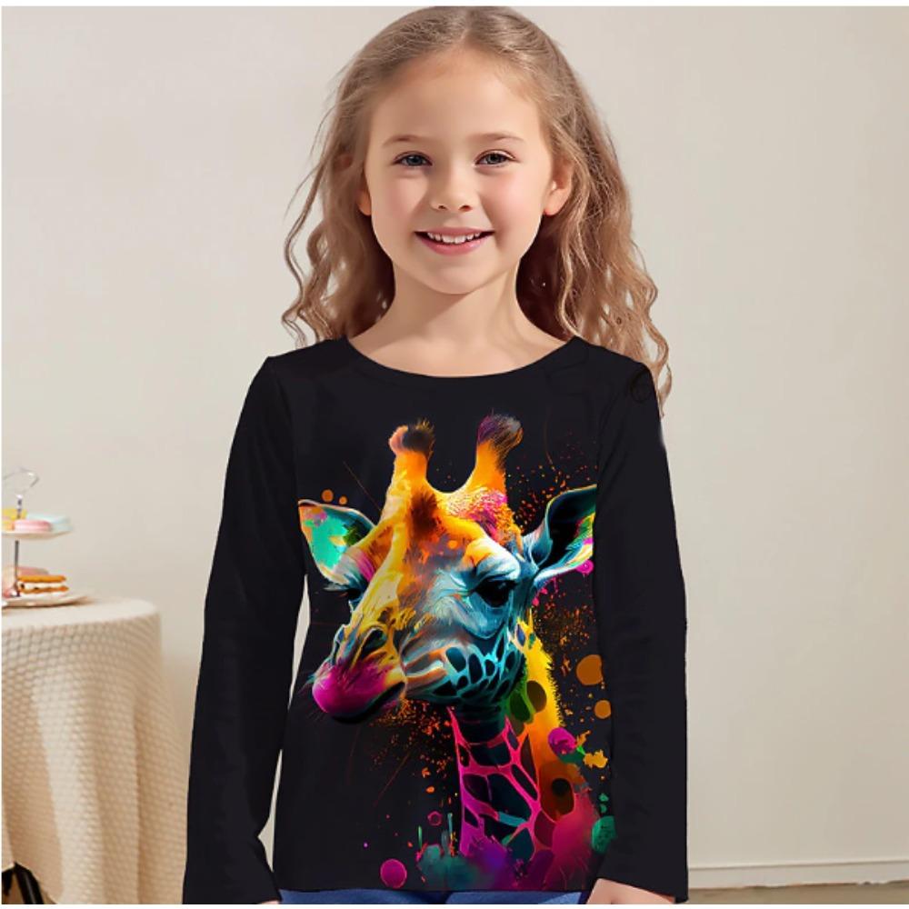 Kids Crew Neck Long Sleeve T‑Shirt, Colorful Giraffe 3D Print Casual Loose Halloween Party Daily Wear Tops for Children