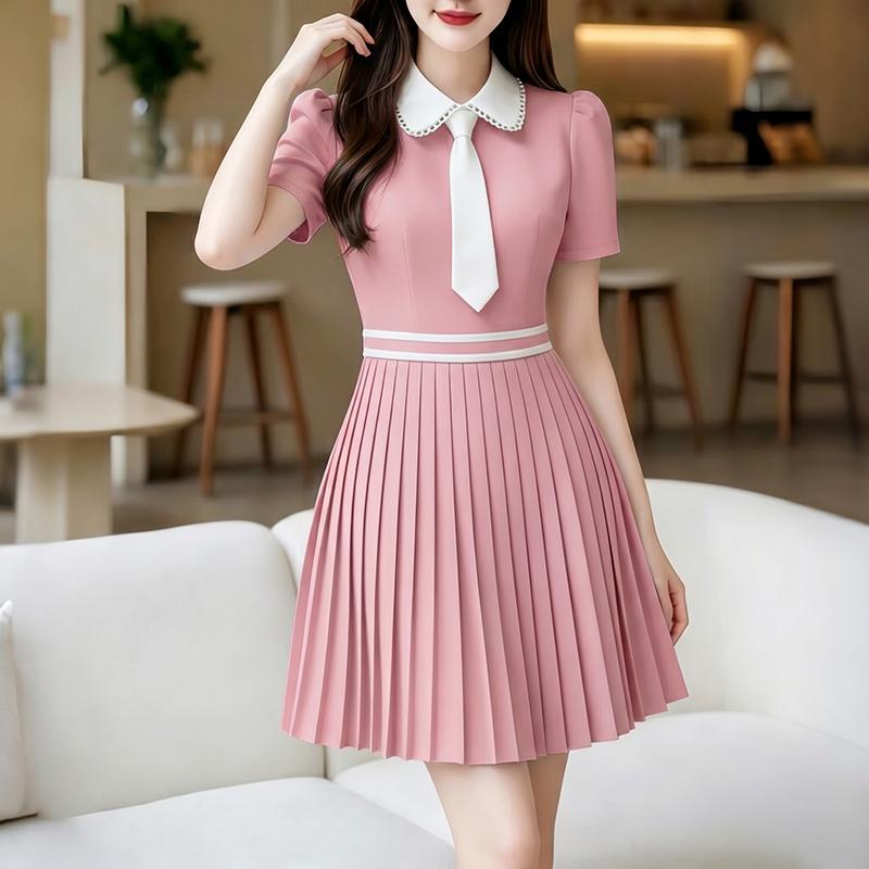 ZANZEA Women Splice Collar Casual Short Sleeve Elegant Pleated Dress
