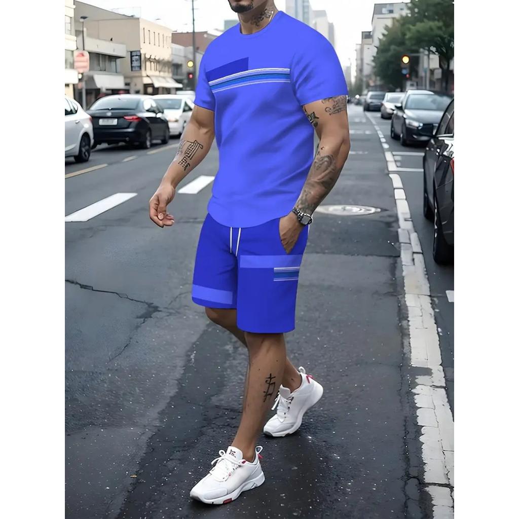 Large Size, Summer, T-shirt Shorts Set, Color Changing Pattern, 3D Digital Printing, Casual Set, Beach Shorts Short Sleeved