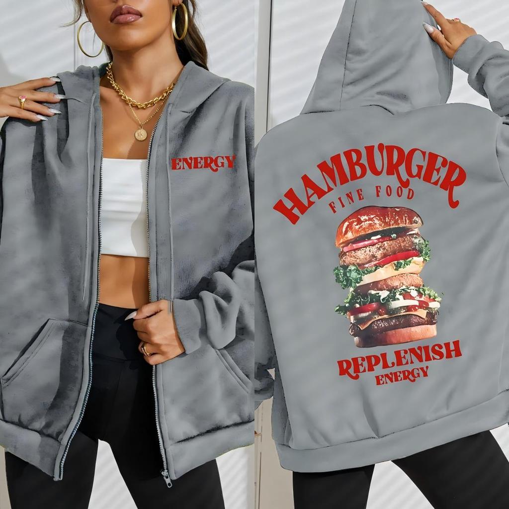 Hamburger Fine Food Replenish Energy Pattern Zipper Hoodies Women Autumn Streetwear Fleece Hoody Casual Oversize Top