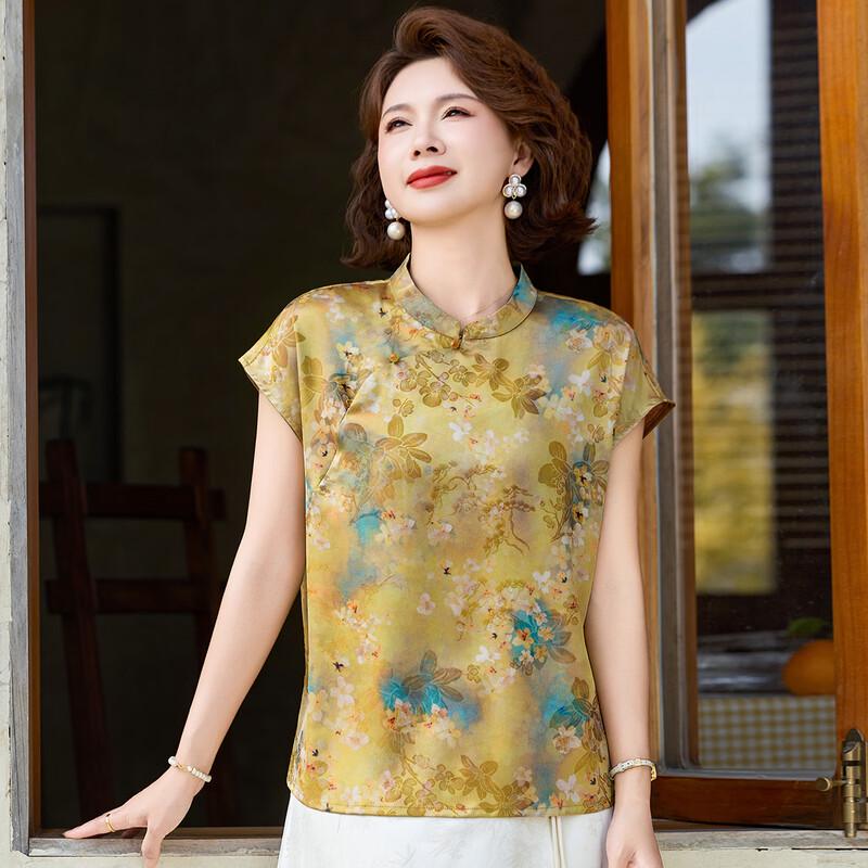 New Chinese Style Floral Print T-shirt for Women
