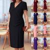 Spring Autumn Women's Black V Neck Wrap Midi Dress Short Sleeve Ruched Bodycon Work Dress